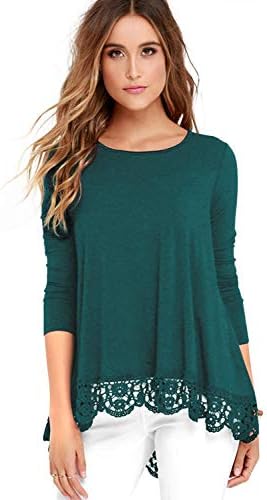 detimi Women Lace Long Sleeve O-Neck A-Line Tunic Loose Blouse