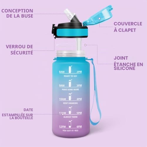 Gourde Enfant, 500 ml Anti-Fuite, Gourde Paille, avec Marqueur de Temps, Bouteille d'eau, Poignée de Transport, Bouteille avec Paille, pour L’école, Sport, Yoga, Bleu Violet