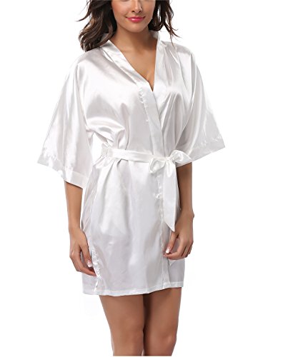 FADSHOW Women's Solid Color Kimono Robes Bathrobes Short Wedding Robes for Bridal Party,White