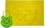 One Piece Silicone Fun Placemat & Plate/Tray with Bib - Self Suction - Yellow Duck Design by Elm Tree for Kids, Toddlers & Babies