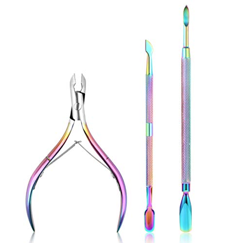 Cuticle Trimmer with Cuticle Pusher - Puyujin 3 Pcs Chameleon Cuticle Nipper Clipper Cutter Dead Skin Remover Scissor Plier Durable Manicure - Shipped From USA (Multicolor)