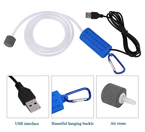 Useekoo Aquarium Air Pump, Ultra Quite Portable Mini Oxygen Pump 5V USB Cable for Aquarium Fish Tank Fishing with Air Stone and Silicone Tube- Dark Blue