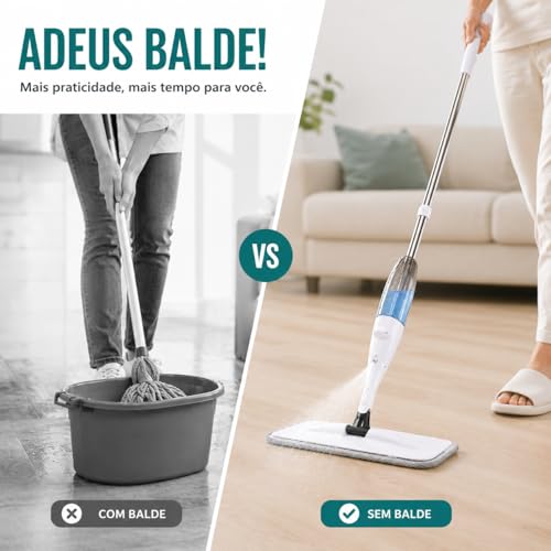 Rodo Spray com Reservatório de Água e Refil Microfibra Ultra Absorvente; Mop de Limpeza para Piso, Porcelanato e Laminado; Limpeza Prática Sem Balde