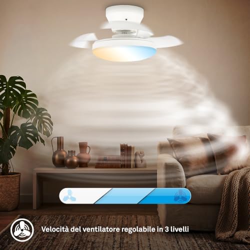 - Ventilatore da soffitto con luce LED, telecomando, motore DC silenzioso con 3 velocità, CCT e luminosità regolabile, pale retrattili, lampadario ventilatore da soffitto, 44 cm, bianco