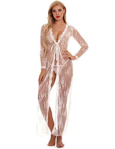 cunlin Women Sexy See Through Lace Gown Kimono Cover Up Sleepwear Set Plus Size Dress Maternity Pregnant Robe White XL