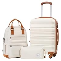 LONG VACATION Carry On Luggage Sets 3 Piece 20 Inch Suitcase Set, ABS+PC Hardshell Lightweight Travel Luggage with Spinner Wheels & YKK Zipper TSA Lock (20 INCH (BP/TB), WHITE-BROWN)