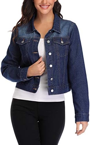 Anienaya Womens Denim Cropped Jackets Fashion Jean Jackets Coat Turn Down Collar Basic Chest Pockets