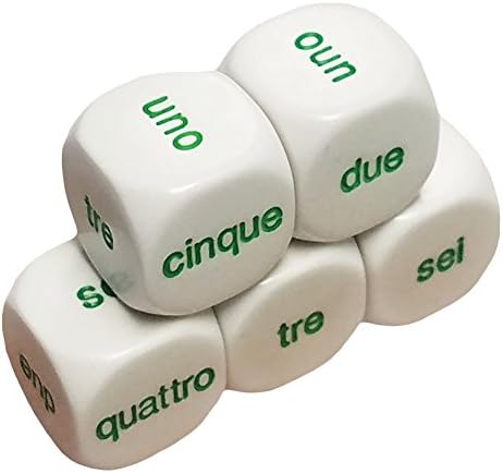 Set of 5 Italian Word Numbers 21mm Six Sided Dice 1-6 in Snow Organza Bag