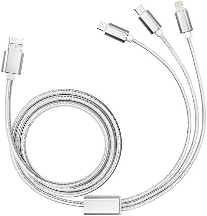 C63® Silver 3 in 1 Multiple USB Charge Cable. High Speed Nylon Braided with USB Type C / 8 Pin Lighting/Micro USB Connector.