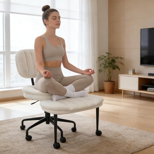 DIDAINT Cross Chair with Wheels, Ergonomic Armchair with Crossed Legs, Wide Seat Faux Sheep Fur, 360° Swivel and Height Adjustable, Ideal for Meditation, Yoga, Office, ADHD