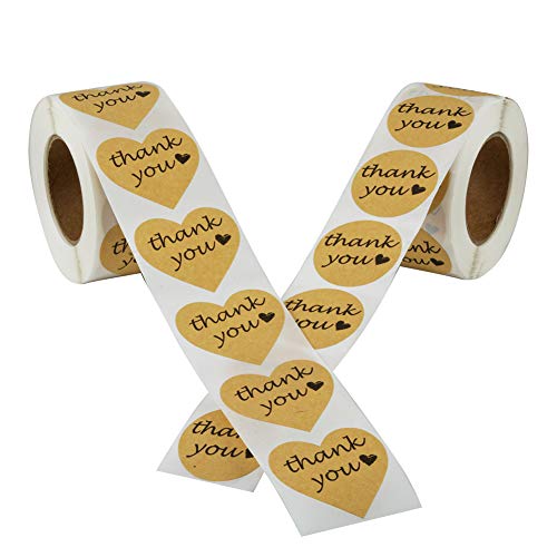 Thank You Stickers, 1000 pcs Kraft Heart Shape and Round Adhesive Labels Sticker for Gift, Wedding, Party, Thank You Card, Sealing Tissue Paper,Bridal Shower