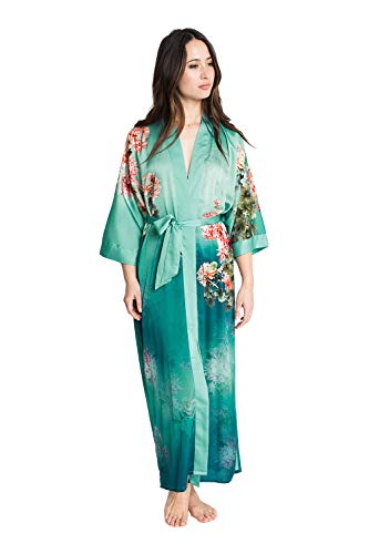Old Shanghai Women's Kimono Robe Long - Watercolor Floral, Coral Chrysanthemum- Meadow Blue, One Size. - Thumbnail 3