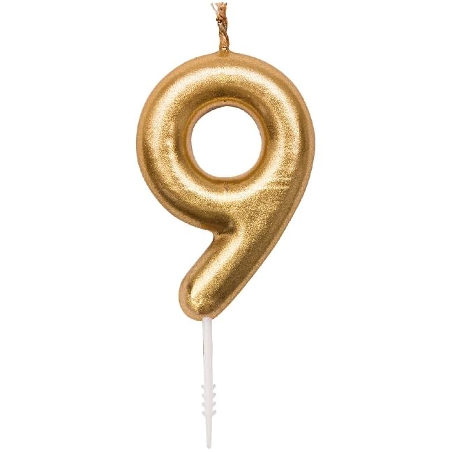 Number candle for birthday cakes, children's birthday candle, with number in gold (9, gold).