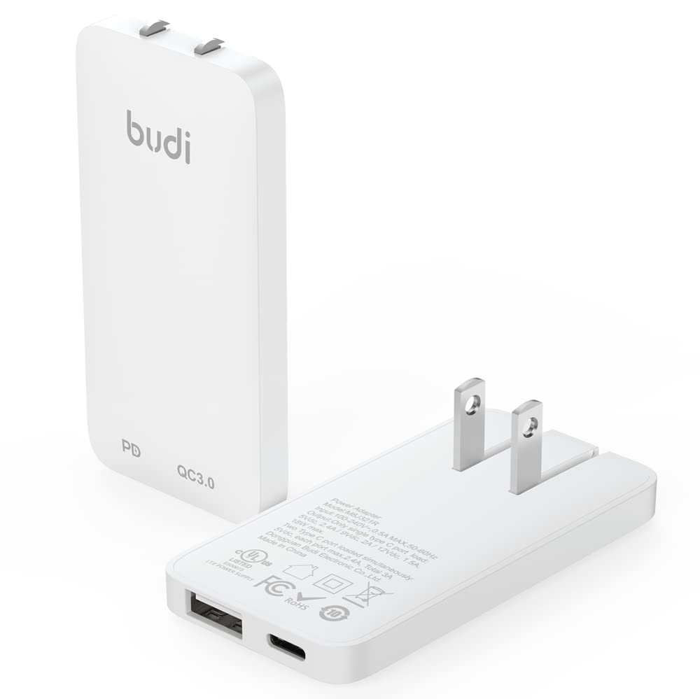 Photo 1 of BUDI 20W Extra Slim Portable Wall Charger 2-Port Wall Charger Convenient Travel Accessories Compatible with MacBook and IPad iPhone Samsung Galaxy USB C Laptop Switch, Etc. (20W USB-A&Type-C)