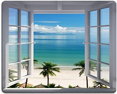 Style Crome Palm Trees Tropical Island Beach Nature Paradise Panoramic Picture Through Wooden Windows Scene Mouse Pad (9.1 x 7.3 inches)