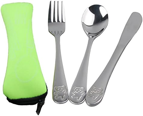 Dovia Stainless Metal Utensil Set, Bear Model, 3-Piece Flatware includes Spoon, Fork, Butter Knife, Colorful Cases (Green)