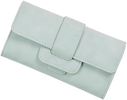 Women's Retro Consise Drawstring Buckle Zipper Pocket Long Trifold Frosted Leather Wallet Card Purse(Green)