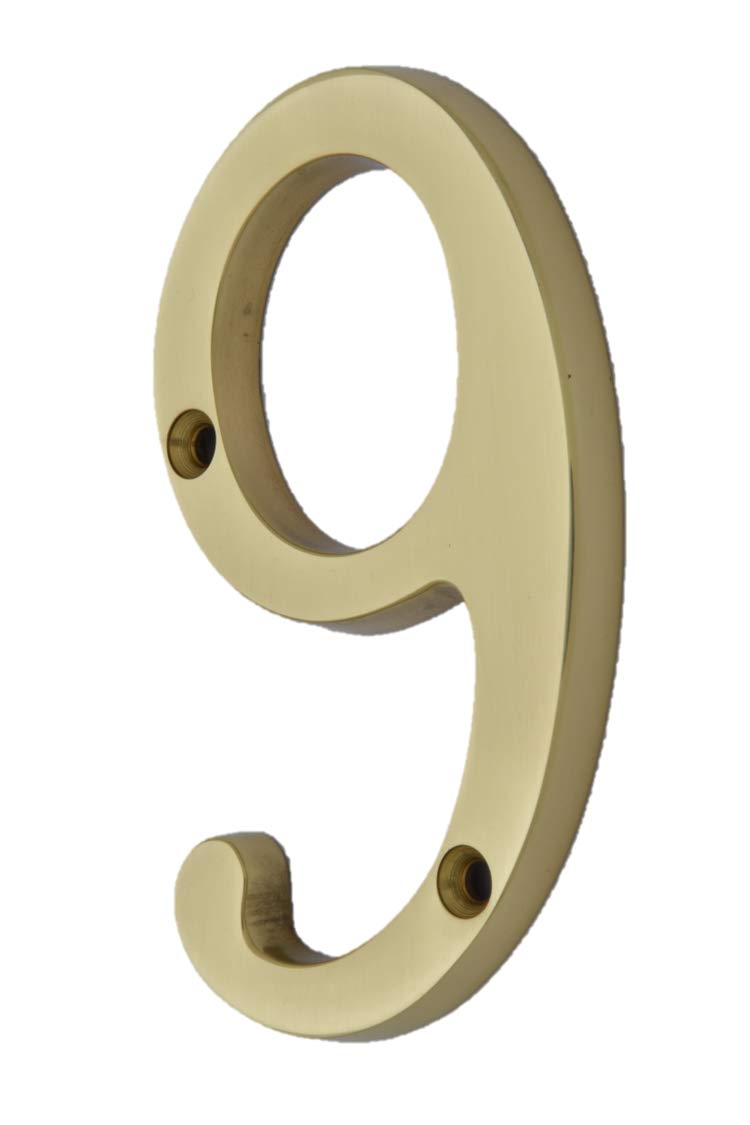 QCAA Traditional Heavy Forged Brass House Number, 6", Polished Brass Lacquered, 9, 1 Pack, Made in Taiwan
