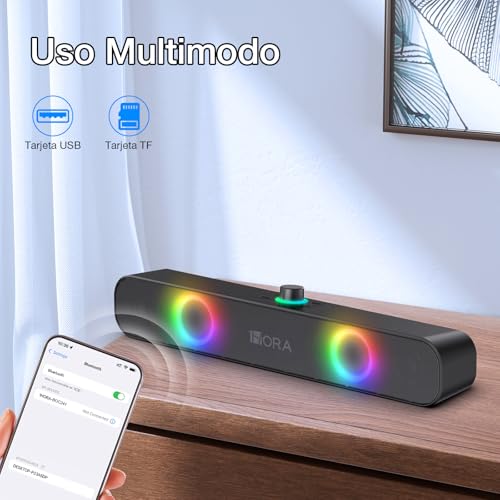 1 Hora Bocina Bluetooth 10W, Barra de Sonido con 2400mAh Batería, Soundbar para PC TV, RGB Altavoces Inalámbricos Soporte 3.5mm AUX/TF/USB/Bluetooth para Interior, Hogar y Fiesta