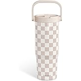SANDJEST Checker Stainless Steel Straw Lid Tumbler 30oz with Carry Handle for Women Girls, Insulated Travel Coffee Cup, Gift for Sports Outdoor Workout Christmas Birthday