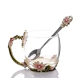 Tea Cup with Enamel Spoon, Coffee Mug Cup for Mother's Day, 12oz Lead Free Flower Mug with Handle for Birthday Gifts