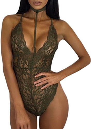 TEZUKAFUJI Womens Sexy Night Clubwear Lingerie Sheer Lace Choker Neck Teddy Bodysuit Army S
