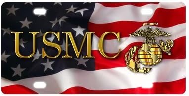 6" x 12" Durable License plate, Metal personalized car tag, USMC United States Marine Corps Emblem and American Flag car tag (4 Holes)