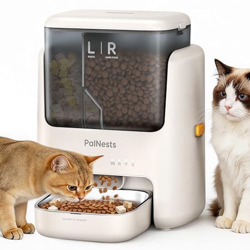 PalNests Comedero Gato Automatico, 5L Doble Tolva Dispensador Comida Gatos/Perros, 2.4G/5G WiFi, App Control, 10 Comidas por Día, Liofilizados Compatibles, Control de Porciones, Cuenco de Acero INOX