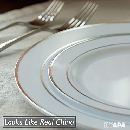 image for Ilyapa 50 Premium Silver Rim Plastic Plates for Dinner Party or Weddin