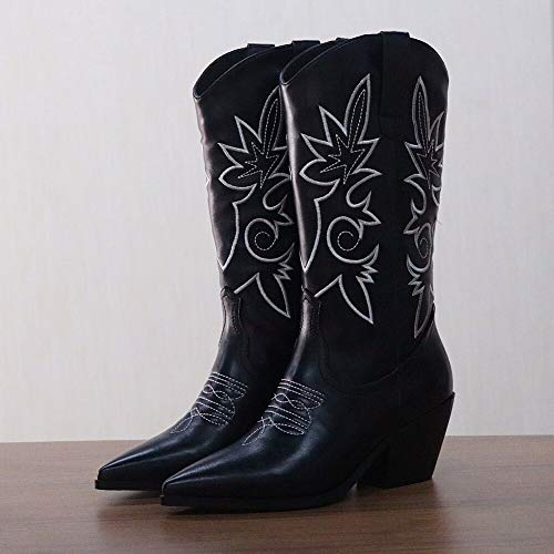 SaraIris Western Boots for Women, Cowboy Cowgirl Pointed Toe Chunky Heel Boots Pull-on Mid Calf Boots for Ladies Knee High Boots