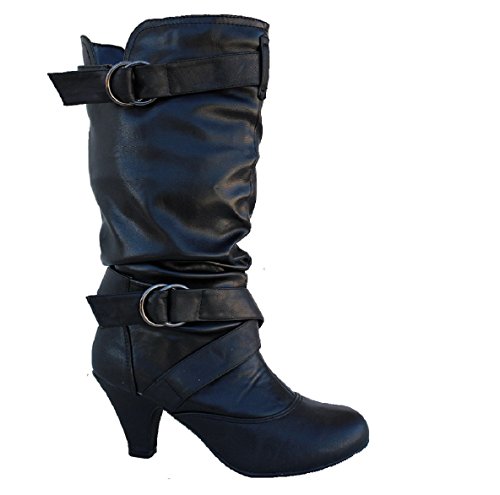 Codify Floyee-S Women's Mid Calf Slouch Buckle Decorative Riding Boots, Black Leatherette, 6.5 B (M) US