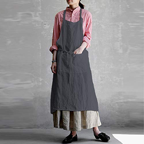 WoCoo Soft Cotton Linen Apron Halter Bandage Aprons Kitchen Cooking Clothes with Front Large Size Pockets Dress(Grey,X-Small(US-2)