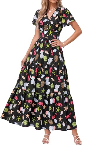 PRETTYGARDEN Women Summer Maxi Dresses 2026 Short Sleeve V Neck Button Floral Tiered Flowy Boho Sundress Beach Outfits(Floral Black Multicolored,Medium) at Amazon