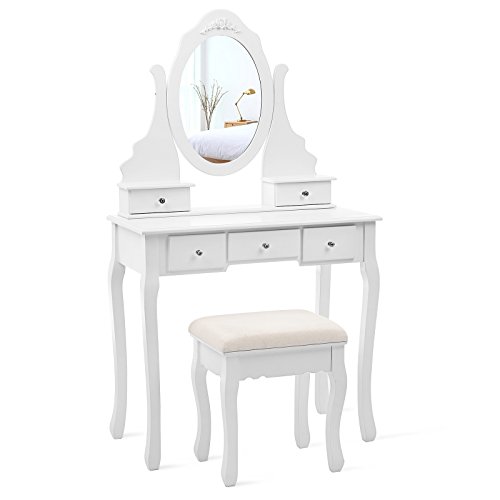 SONGMICS Vanity Set with Mirror and Stool Make-up Dressing Table 5 Drawers with 2 Dividers White URDT09W