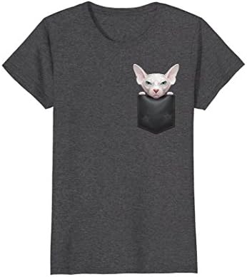 Womens White Sphynx Cat in Breast Pocket T-Shirt Medium Dark Heather