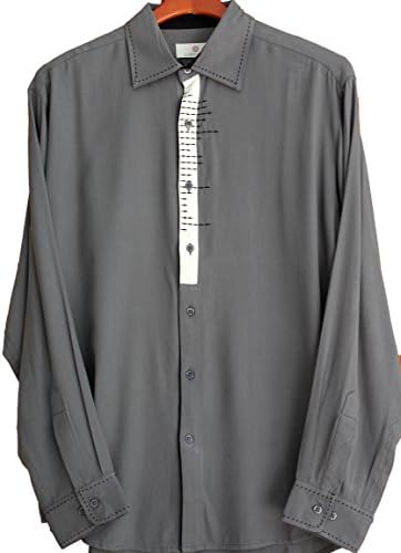 Mens Silk Camp Shirt Button Front Long Sleeve Striped Retro 50s Dress Casual (XL, Charcoal)