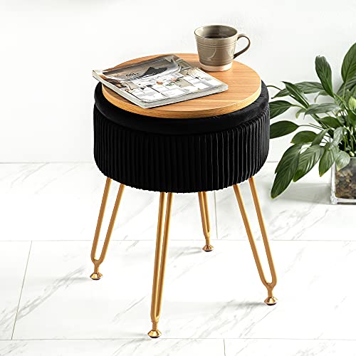 Velvet Storage Ottoman Foot Rest, Upholstered Pleated Round Footrest