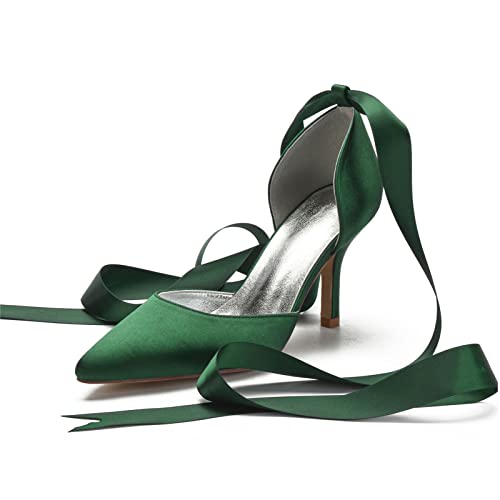 Handläufe Women Satin Wedding Shoes for Bride Pointed Toe Wedding Shoes Satin Party Pumps Ladies Satin Bridal Evening Ribbon Tie Wedding Pumps