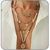 Fyvos Vintage Boho Beaded Clavicle Chain Necklace Sun Pendant Stackable Necklace Long Multi-layered Bead Tassel Necklace Summer Beach Jewelry for Women