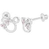 Rhodium Plated Pink Crystal Mouse Kids Safety Screw Back Baby Earrings