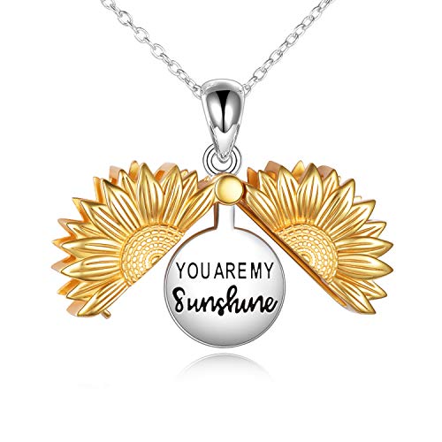 ONEFINITY Sterling Silver Sunflower Locket Necklace Engraved “You are