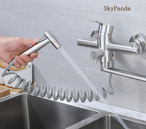 Kitchen Faucet, Wall Mounted, Kitchen Faucet with Spray Gun, 360° Rotatable 23 cm Swivel Hose, Hot and Cold, 4 Working Modes, Brushed Nickel 304