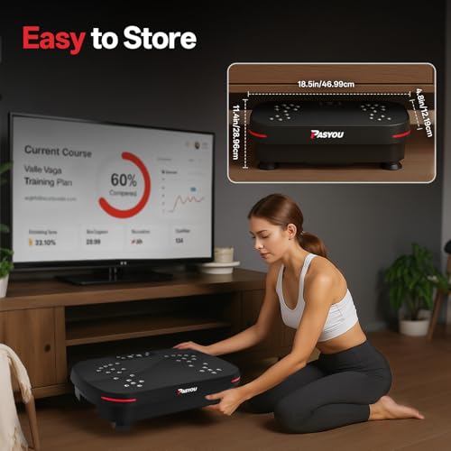 PASYOU Vibration Plate Exercise Machine, Whole Body Workout Equipment for Athletes and Fitness Enthusiasts, Low Noise Vibrating Plate Machine with 2 Resistance Bands & Remote Control for Home & Office