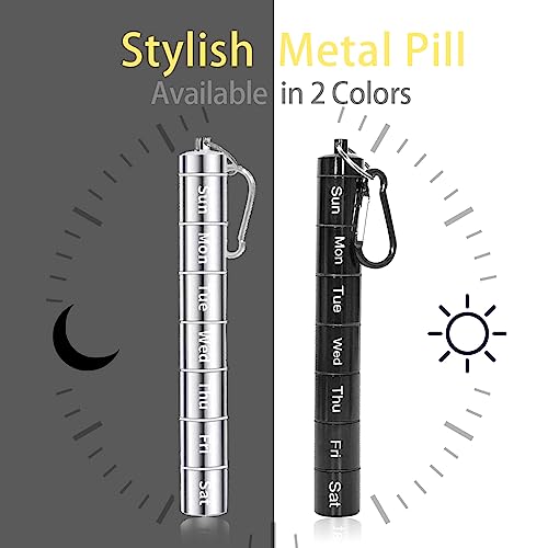 Metal Pill Holder, 2 Pack Small Portable Pill Container Travel Pill Box Waterproof Metal Pill Organizer Weekly for Travel (Black and Silver)