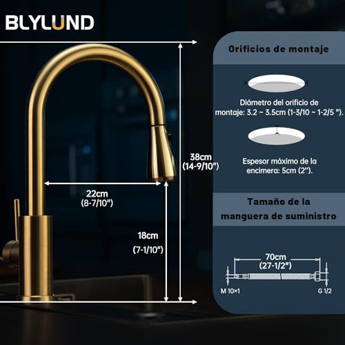 BLYLUND Grifos de cocina Dorado, moderno grifo de fregadero de cocina sus304 de acero inoxidable de un solo mango grifo de la cocina, oro cepillado