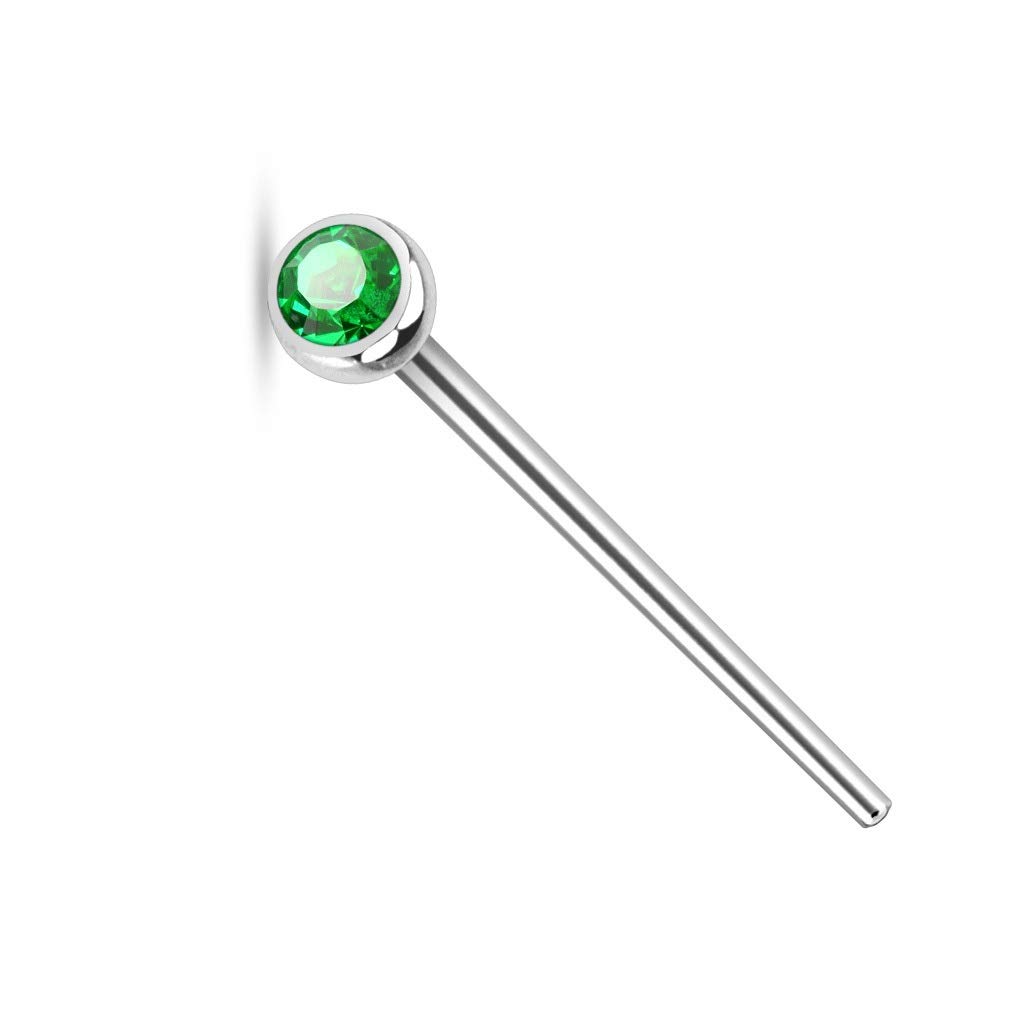 PiercedOff 316l Surgical Steel Fishtail Nose Stud with Emerald Green CZ Gem - Thickness 20GA (0.8mm) / Length 19mm / Gem Size 2mm