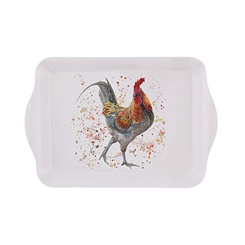 Bree Merryn BRE0044 'Carl Cockerel' Watercolour Wildlife Design Small Melamine Tray - Country Kitchen Chicken Rooster Themed Serving Piece, White, 21 x 14.5 x 1.5