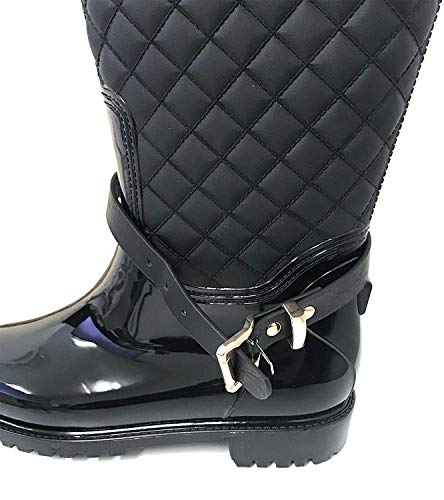 G4U Women's Rain Boots Multiple Styles Color Mid Calf Wellies Buckle Fashion Rubber Knee High Snow Shoes (11 B(M) US, Black-6)