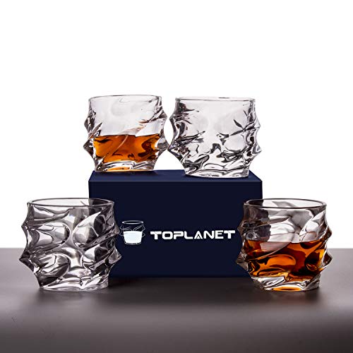 Whiskey Glass Set of 4 Rocks Style,TOPLANET Crystal Lead Free Old Fashioned Whiskey Glasses Tumbler with 4 Coaster, Whiskey Cup Set Drink for Gift Bar Party Bourbon Scotch Vodka- 11 OZ Capacity