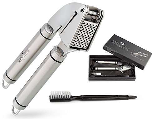Chef 's Character Professional Stainless Steel Garlic Press and Brush Set